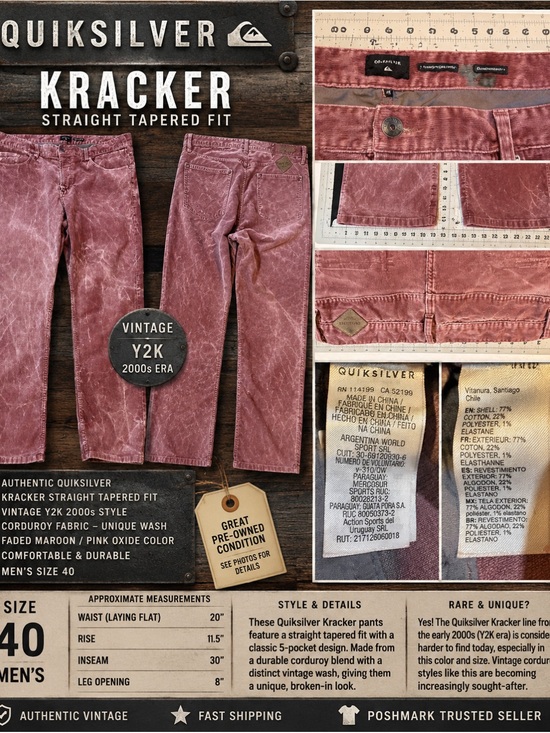 Quiksilver Other - Quiksilver Dusty Mauve Corduroy Trousers Y2K / early 2000s Kracker Size 40